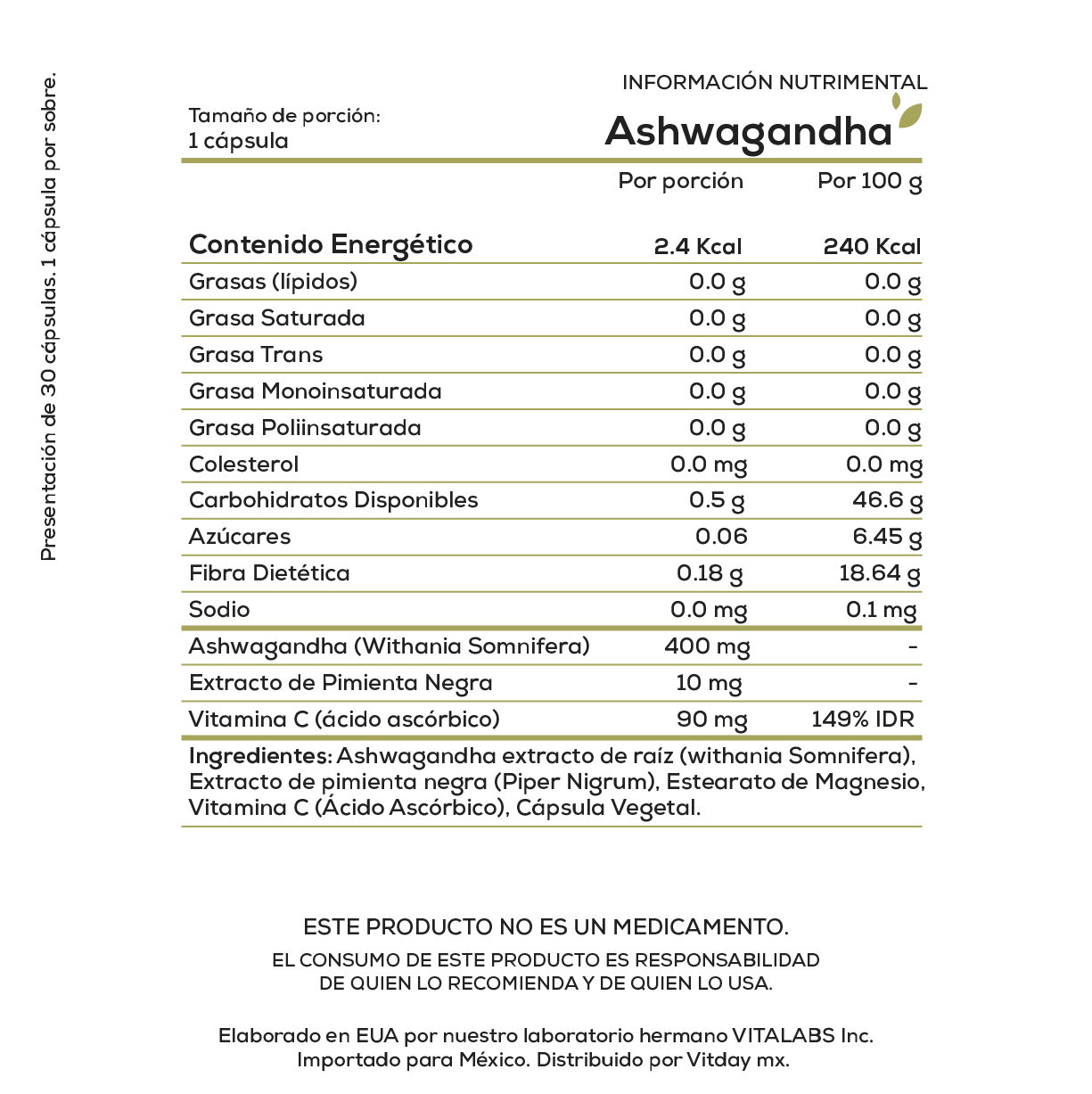 Ashwagandha | 400 mg | Con Pimienta Negra + Vitamina C | 30 cápsulas