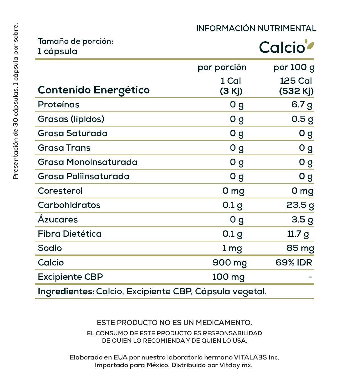 Calcio 900 mg | Tableta de Alta Potencia | 30 cápsulas