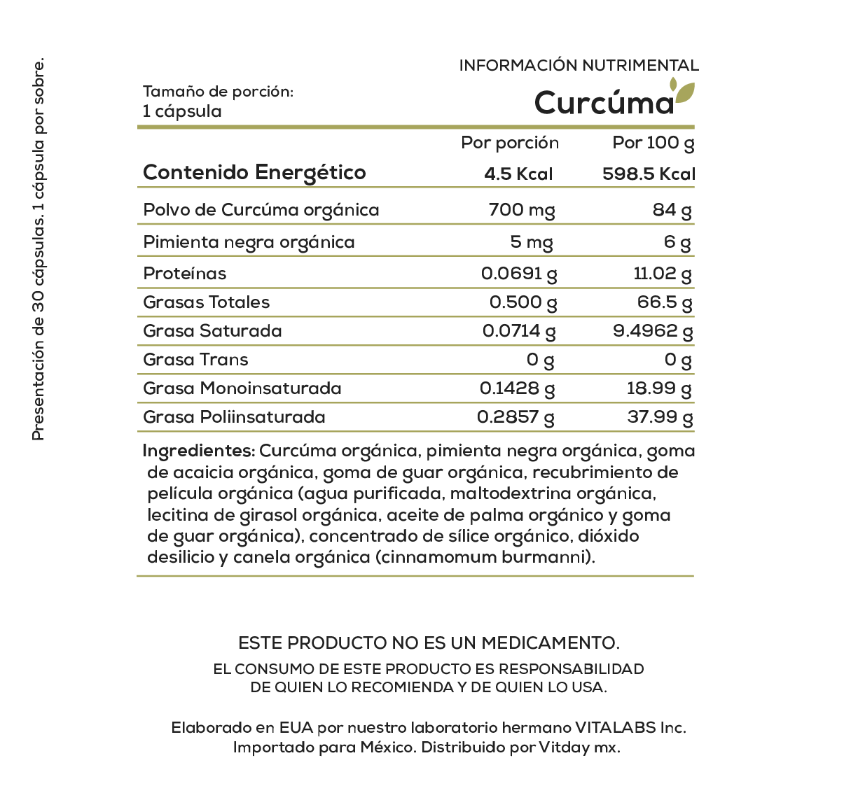 Cúrcuma Orgánica | 700 mg Curcumina + 5 mg Pimienta Negra | 30 cápsulas