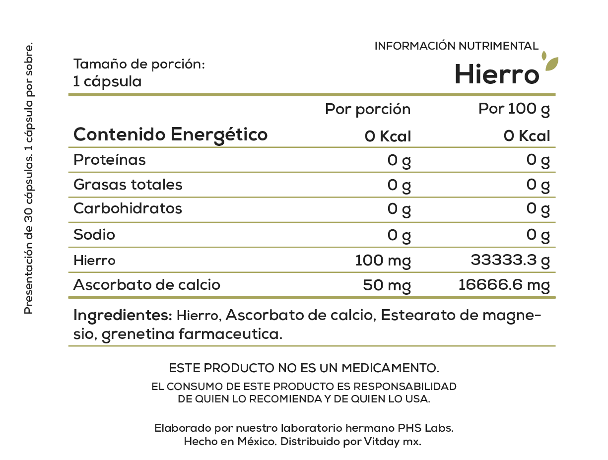 Hierro 100 mg | Con Ascorbato de Calcio | 30 cápsulas
