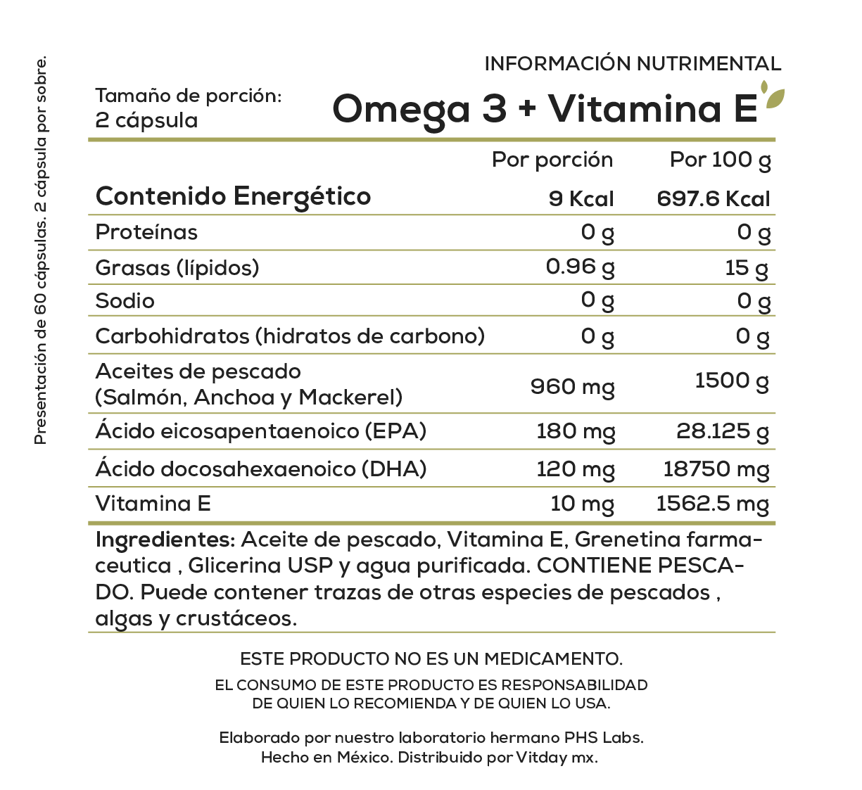 Omega 3 + Vitamina E | 960 mg Aceite de Pescado | EPA 180 mg + DHA 120 mg | 60 cápsulas