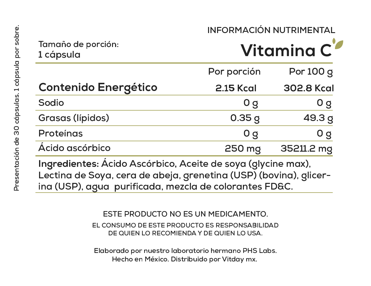 Vitamina C | 250 mg de Ácido Ascórbico | 30 cápsulas