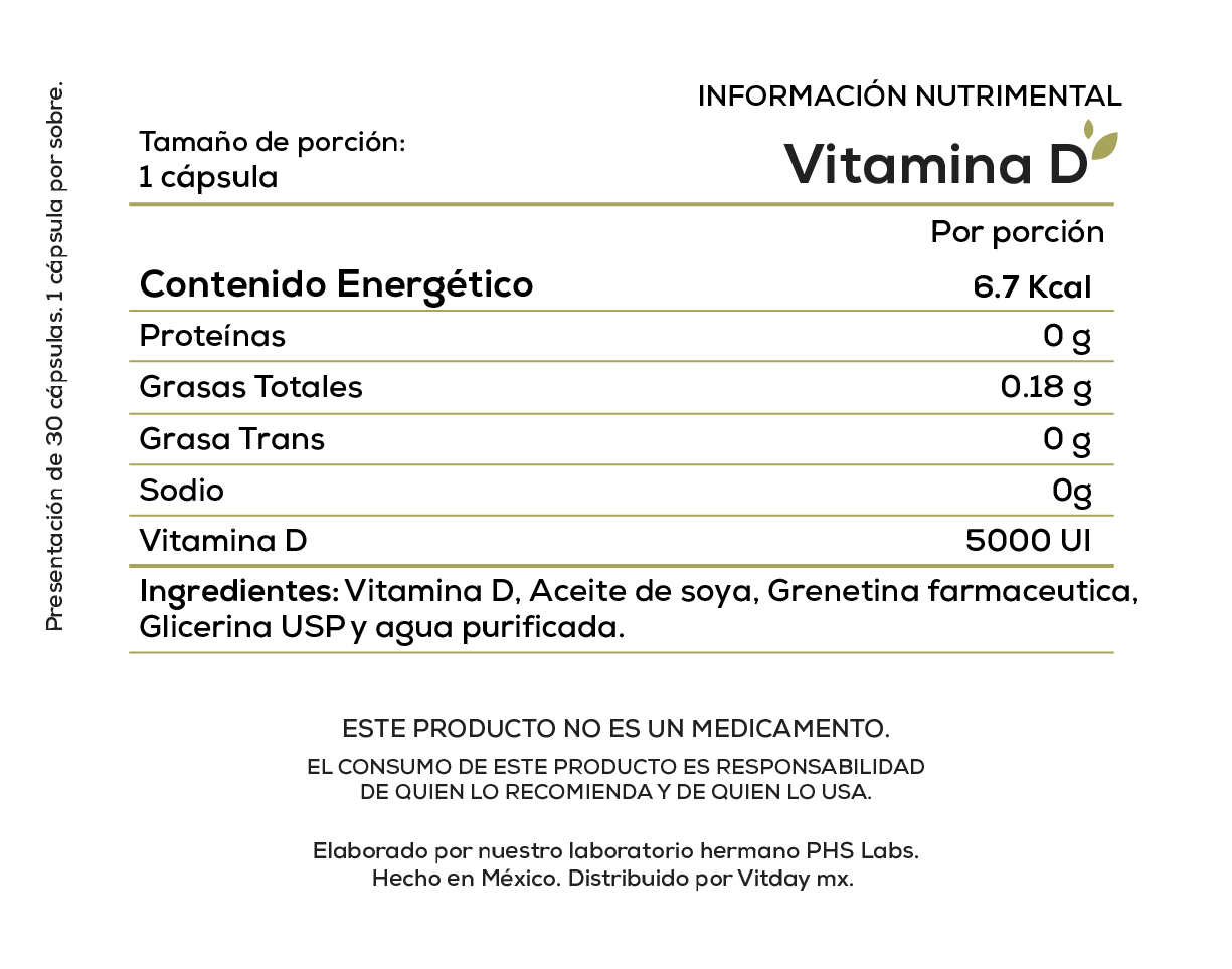 Vitamina D3 | 5000 UI de Colecalciferol | 30 cápsulas