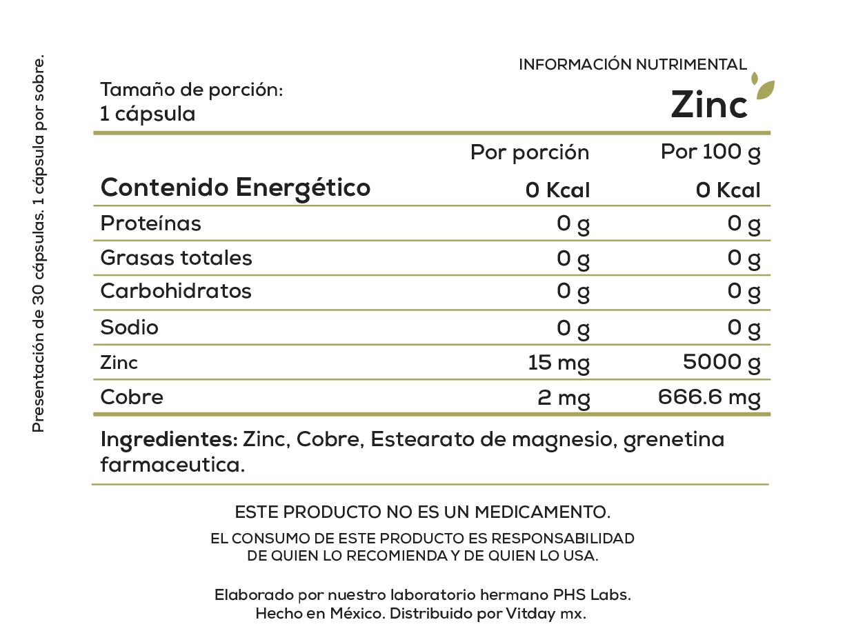 Zinc | 15 mg de Gluconato de Zinc + 2 mg de Cobre | 30 cápsulas
