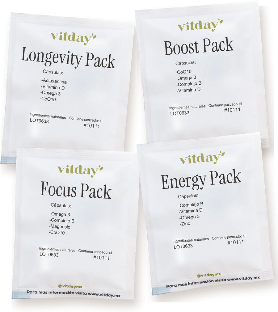 Sobres Vitday: Energy, Focus, Boost y Longevity Pack
